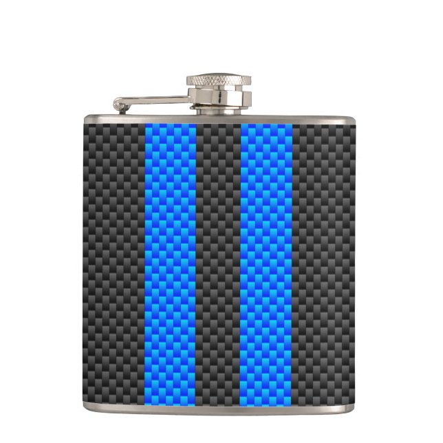 Sporty Sky Blue Carbon Fibre Racing Stripes Flachmann (Vorderseite)