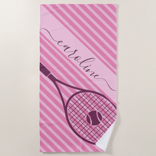 Sporty Striped Pink Tennis Racket Ball Mädchenname Strandtuch (Vorderseite)