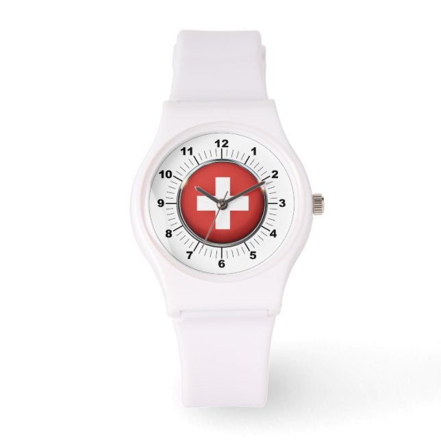 Sporty White Watch - Die Schweizer Flagge für Frau Armbanduhr (Vorderseite)