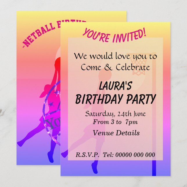 SportyThemed Netball-Party Einladung (Vorne/Hinten)