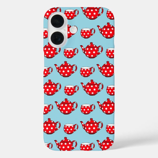 Spotty Red Teapot and Cups Blue Pattern iPhone 16 Hülle (Rückseite)
