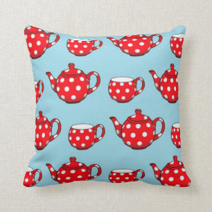 Spotty Red Teapot and Cups Blue Pattern Kissen