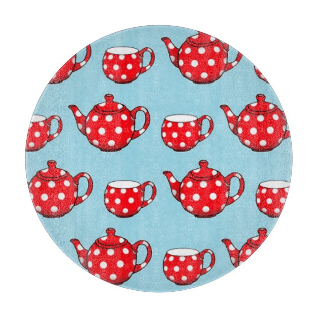 Spotty Red Teapot and Cups Blue Pattern Schneidebrett (Vorderseite)