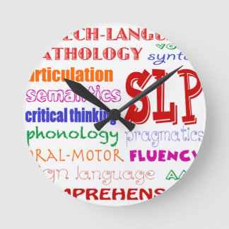 Sprache-Sprachpathologe-bunter Spaß-Schriftart Runde Wanduhr