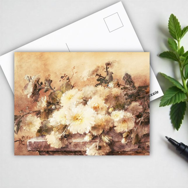 Spray of white chrysanthemas on a stone ledge pos postkarte (Von Creator hochgeladen)