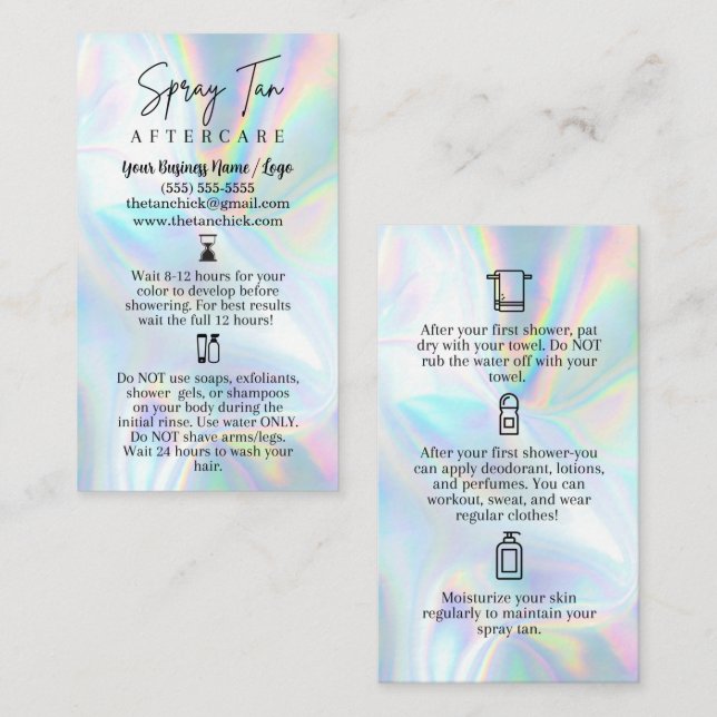 Spray Tan Aftercare Card Visitenkarte (Vorne/Hinten)