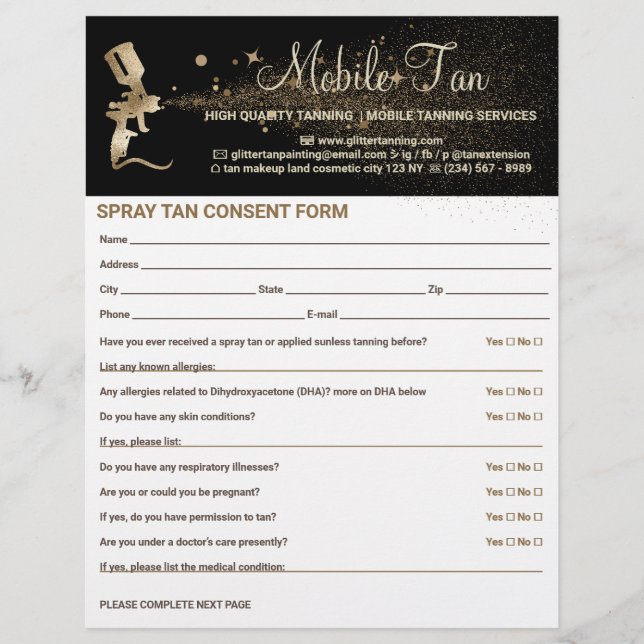 Spray Tan Business Plan Einwilligung in Waiver For Flyer (Vorne)