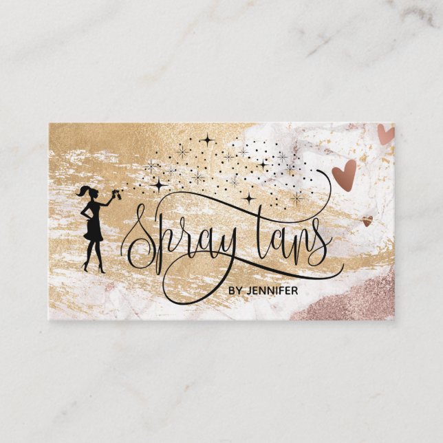 Spray tans Skript Gold Glitzer Pinselstriche Herze Visitenkarte (Vorderseite)