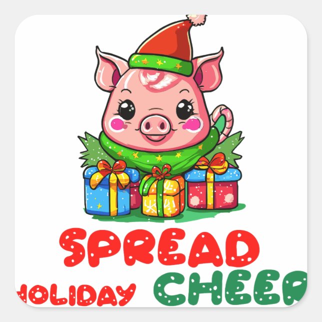 Spread Holiday Cheer Pig Quadratischer Aufkleber (Vorderseite)