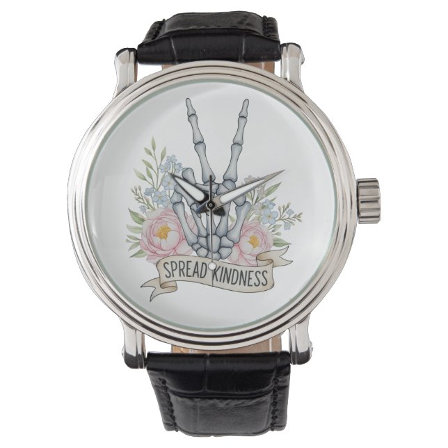 "Spread Kindness" Skeleton Peace Sign – Watercolor Armbanduhr (Vorderseite)