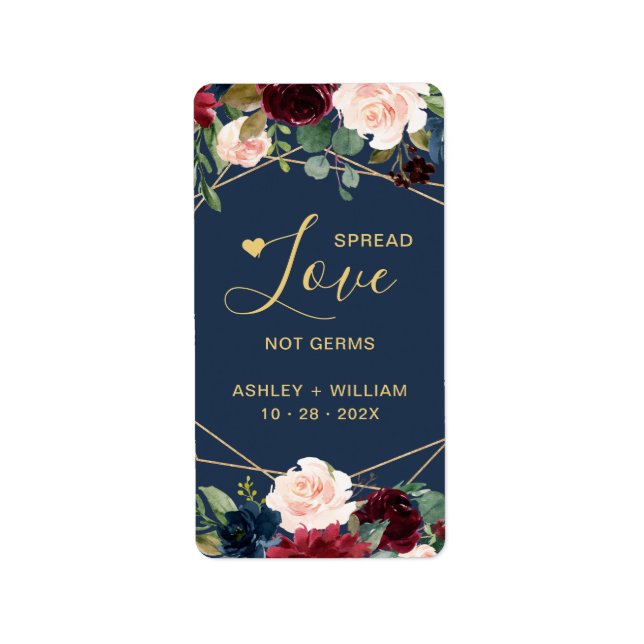 Spread-Liebe Burgundy Navy Floral Hand Sanitäter Adressaufkleber (Vorne)