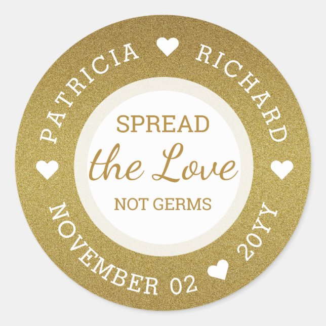 Spread Liebe Hand Sanitizer Gold Glitzer Hochzeit Runder Aufkleber (Vorderseite)