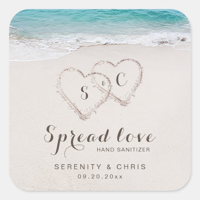 Spread Liebe Herz in den Sand Strand Hochzeit Gefa Quadratischer Aufkleber (Vorderseite)