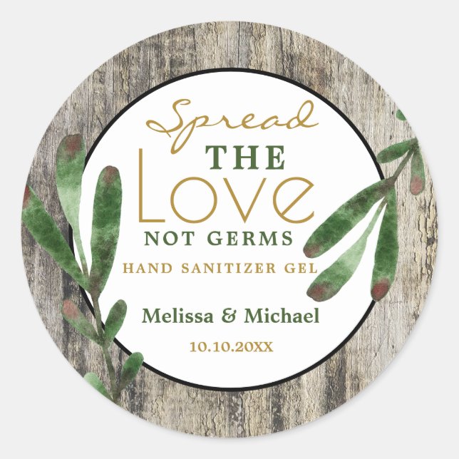 Spread-Liebe Rustic Wedding Hand Sanitizer Gefalle Runder Aufkleber (Vorderseite)