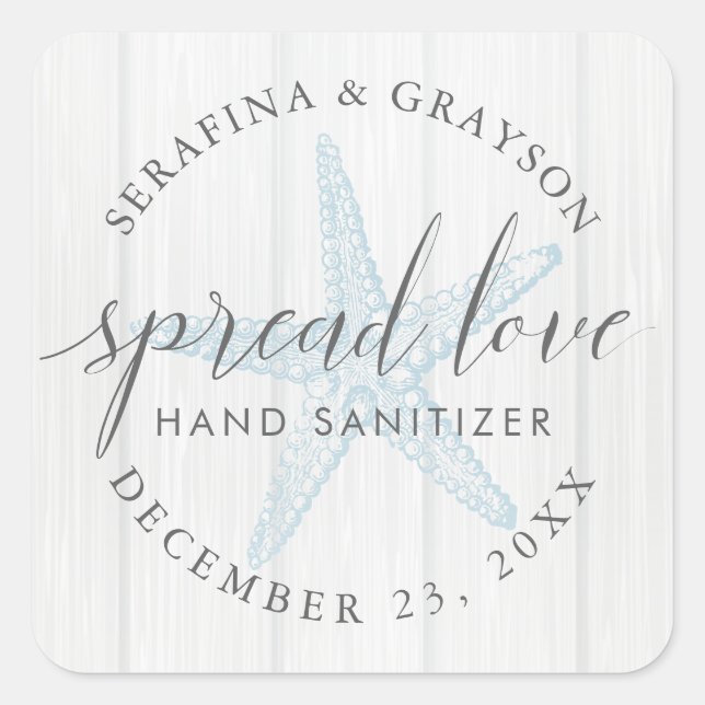 Spread-Liebe Starfish Rustic Hand Sanitizer Gefall Quadratischer Aufkleber (Vorderseite)