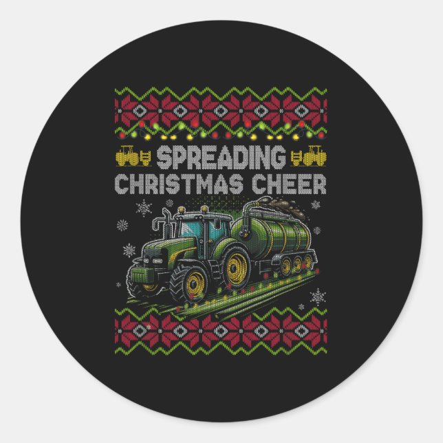 Spreading Christmas Cheer Farming Tractor Ugly Swe Runder Aufkleber (Vorderseite)
