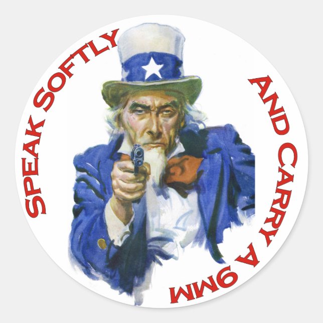 Sprich Softly & Carry ein 9 mm Uncle Sam mit Gun Runder Aufkleber (Vorderseite)