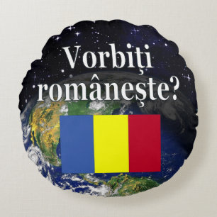 Sprichst du Rumänisch? Auf Rumänisch. Flag & Erde Rundes Kissen