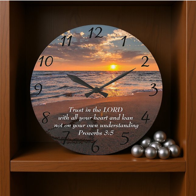 Sprichwort 3:5 Christliches Meer mit Sonnenunterga Große Wanduhr (Von Creator hochgeladen)