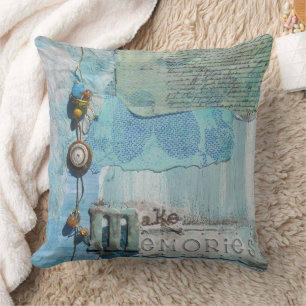 Sprichwort Mixed Media Erinnerungen Blau Kissen