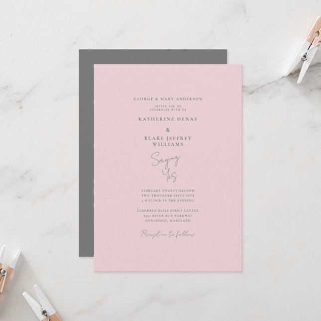 Sprichwort Yes Pink & Gray Elegante Hochzeit Einladung (Vorderseite/Rückseite Beispiel)