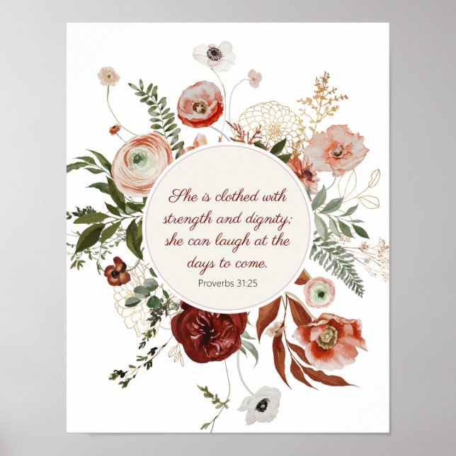 Sprichwörter 31:25 Eleganter Burgund Gold Floral W Poster (Vorne)