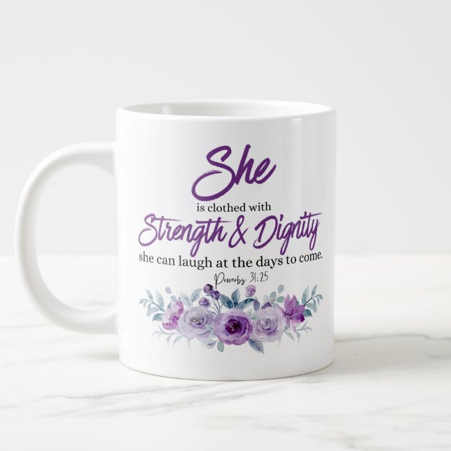 Sprichwörter 31:25 Festigkeit und Würde Lila Blume Jumbo-Tasse (Links)
