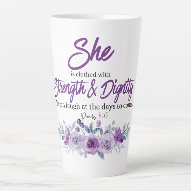 Sprichwörter 31:25 Festigkeit und Würde Lila Blume Milchtasse (Vorderseite)