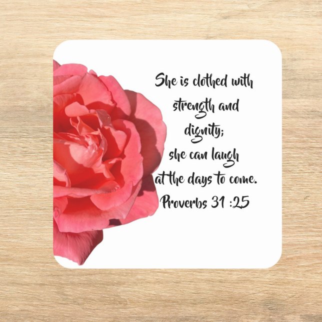 Sprichwörter 31:25 Rote Rose Custom Bible Verse Quadratischer Aufkleber (Von Creator hochgeladen)