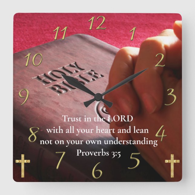 Sprichwörter 3:5 heilige Bibel mit Händen Quadratische Wanduhr (Vorderseite)