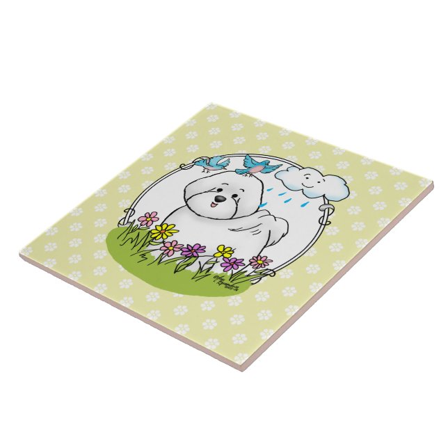 Spring Bichon Frise Hund mit Blume - Niedlich Fliese (Seite)