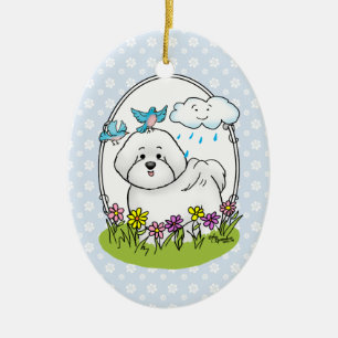 Spring Bichon Frise Hund mit Blume - Niedlich Keramik Ornament