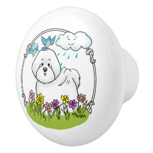 Spring Bichon Frise Hund mit Blume - Niedlich Keramikknauf