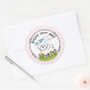 Spring Bichon Frise Hund mit Blume - Niedlich Runder Aufkleber
