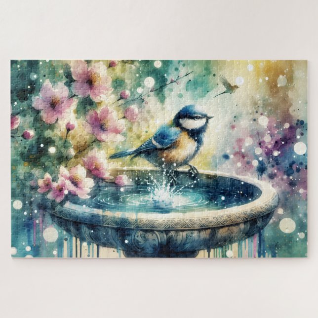 Spring Bird Bath Watercolor (Horizontal)