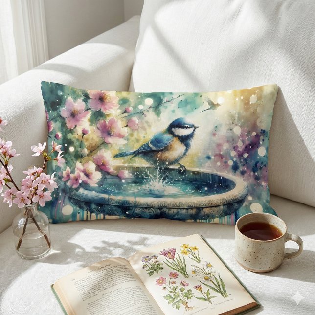 Spring Bird Bath Watercolor Lendenkissen (Spring Bird Bath Watercolor Lumbar Pillow Mockup A)