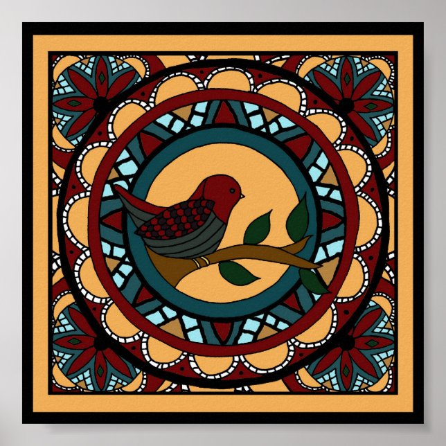 Spring Bird Mandala-Print Poster (Vorne)