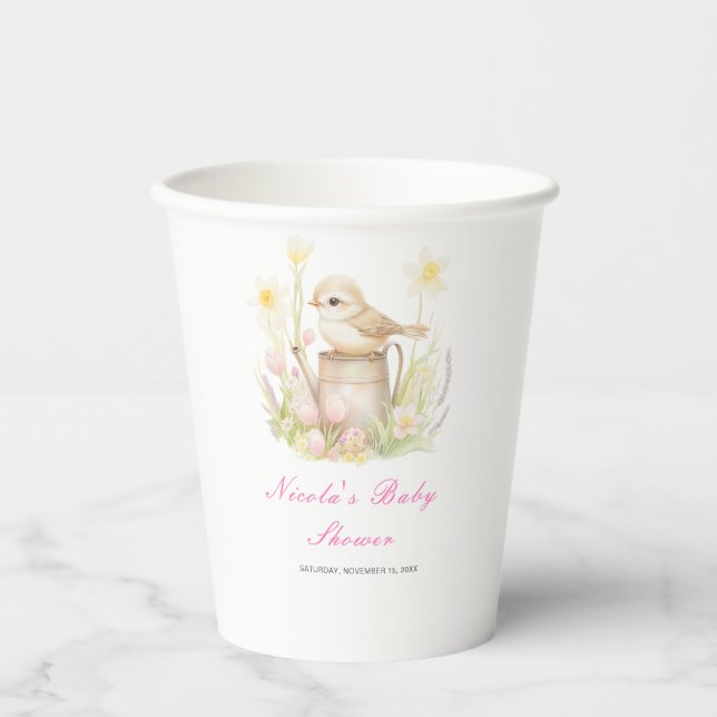 Spring Bird Watering Can Baby Dusche Pappbecher (Vorderseite)