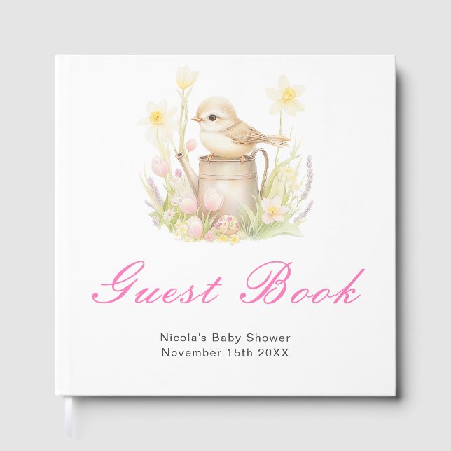 Spring Bird Watering Can Baby Shower Guest Book Gästebuch (Vorderseite)