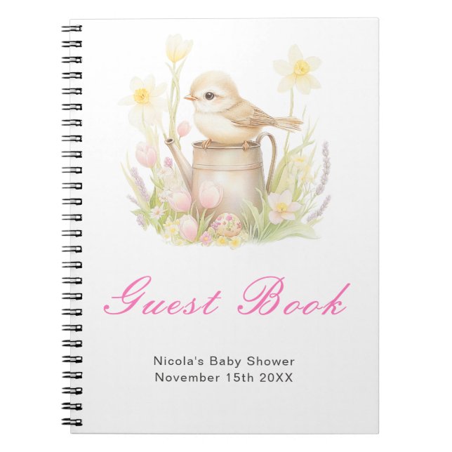 Spring Bird Watering Can Baby Shower Guest Book Notizblock (Vorderseite)