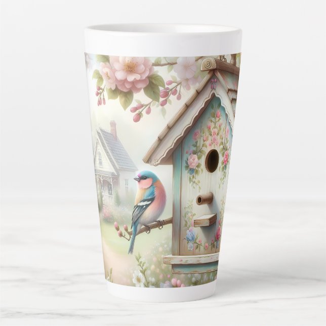Spring Birdhouse With Pastel Flowers And Bird Milchtasse (Vorderseite)