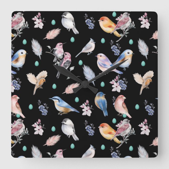 Spring Birds Pattern Quadratische Wanduhr (Vorderseite)
