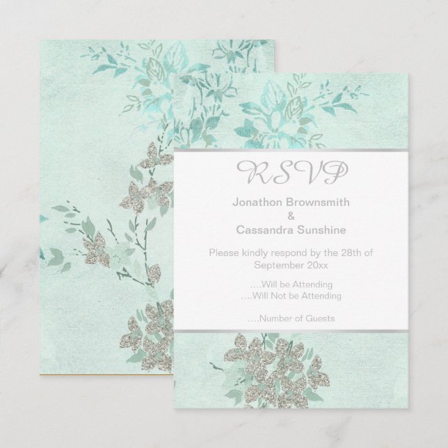 SPRING BLAUER AQUA SILVER WEDING REPONSE UAWG EINLADUNG (Vorne/Hinten)