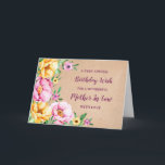 Spring Bllower Mother in Law Birthday Card Karte<br><div class="desc">Hübsche und nachdenkliche Grußkarte für Ihre Mutter im Geburtstag des Gesetzes mit gelben,  lila und rosa Frühlingsblumen,  rustikalem Aquarellmuster und handgeschriebenem Stiltext.</div>