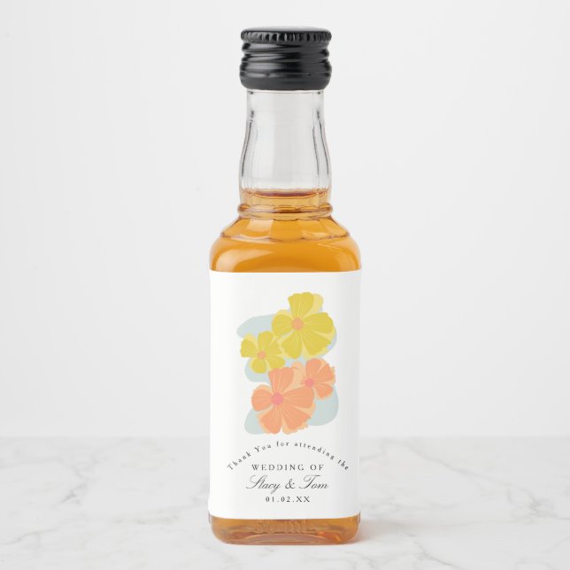 Spring Bloom Cosmos Hand Drawn Wedding Alkoholflaschenetikett (Vorderseite)
