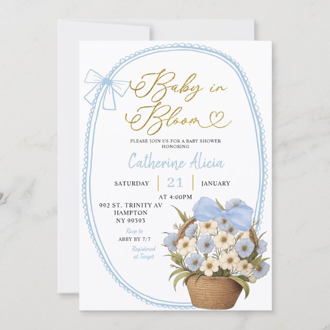 Spring Blue Bow Daisy Baby in Bloom Baby Shower Einladung (Vorderseite)