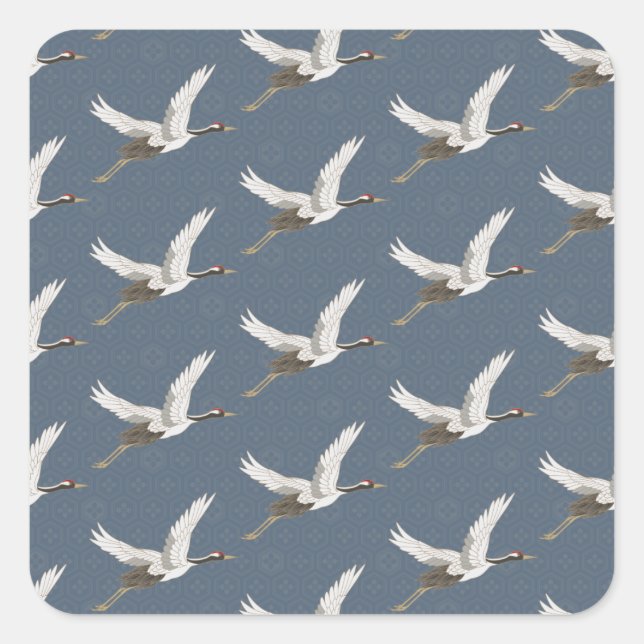 Spring Blue Flying Cranes Quadratischer Aufkleber (Vorderseite)