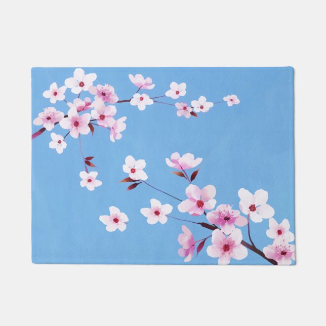 Spring Blue Sky Cherry Blossom Blume Warecolor Fußmatte (Vorderseite)