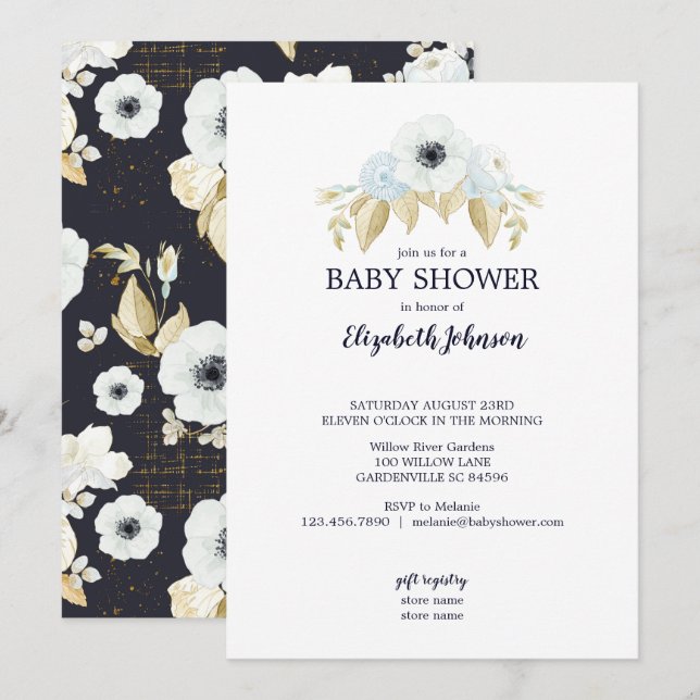 Spring Blue & White Floral auf Navy Baby Dusche Einladung (Vorne/Hinten)