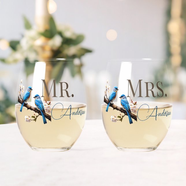 Spring Bluebirds Mr. and Mrs. Weinglas Ohne Stiel (Insitu (Hochzeit))